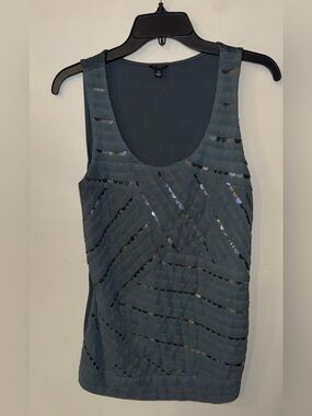 Ann Taylor Slate Blue Green Sequin-Striped Scoop Neck Tank Top - M